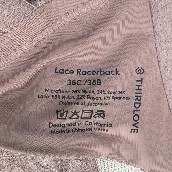 ThirdLove Lace Racerback Bra sz 36C / 38B Taupe Tan Underwire Smooth Cup - Picture 6 of 6
